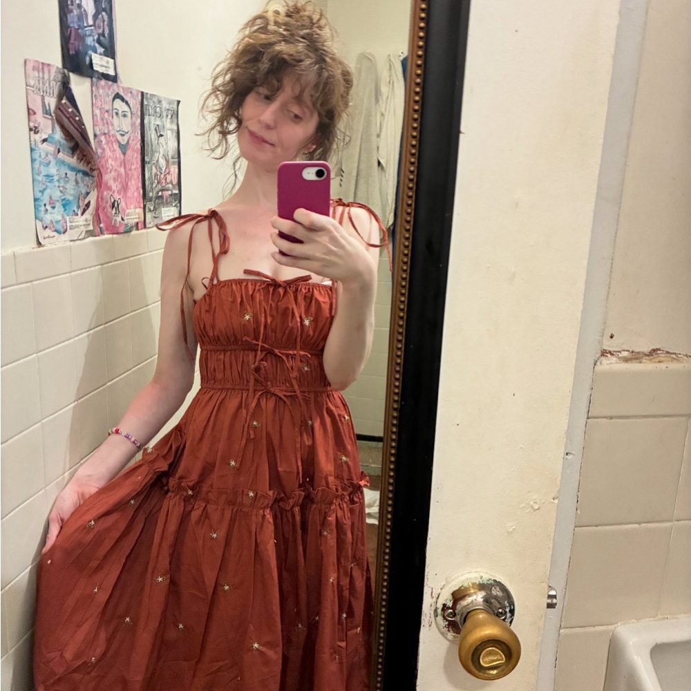 NWT Elegant Rust Dress with Delicate Embroidery